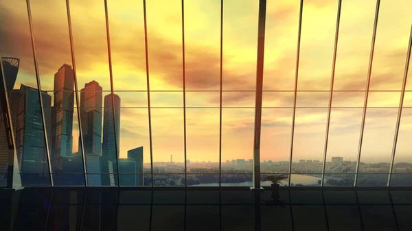 Panoramafenster und Landschaft mit Wolkenkratzern bei Sonnenuntergang. — Stockfoto