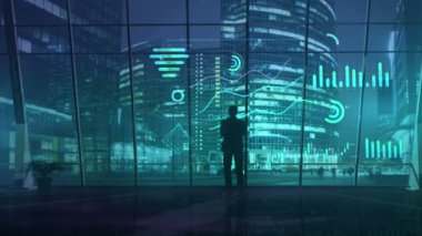 Ofisteki işadamı istatistik bilgi verilerini analiz eder.