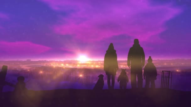 Famiglia sulla passeggiata invernale di sera . — Video Stock