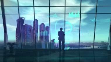 Male silhouette in office opposite virtual infographic.