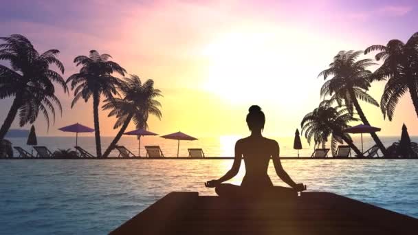 Silhouette eines meditierenden Mädchens vor dem Hintergrund des Sonnenuntergangs. — Stockvideo