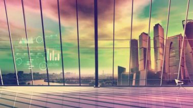 Parlak bir ofisin arka planında bilgi grafikleri.