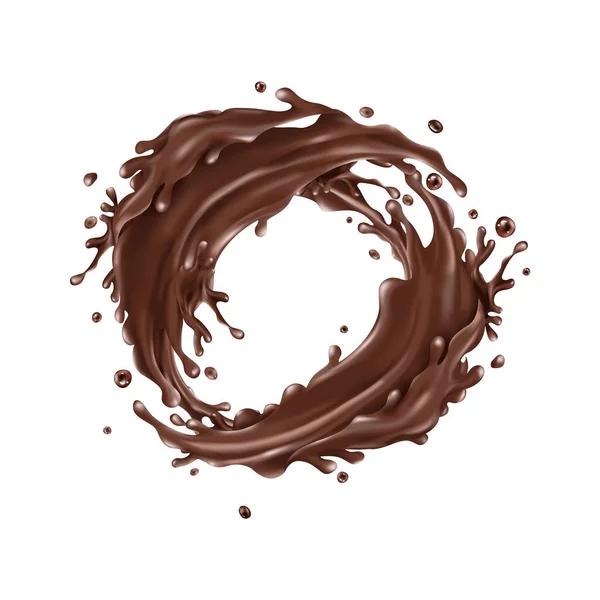 Chocolate líquido espirra círculo sobre um fundo branco — Vetor de Stock