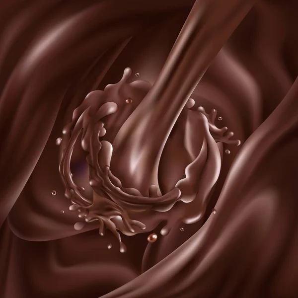 짙은 초콜릿 파도 속으로 액체 초콜릿이 흘러들어간다 — 스톡 벡터