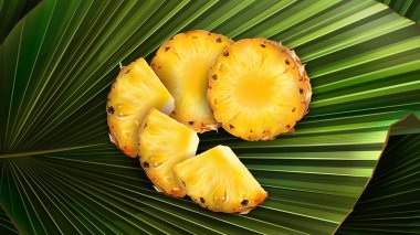 Yaprağın üzerinde doğranmış ananas dilimleri..