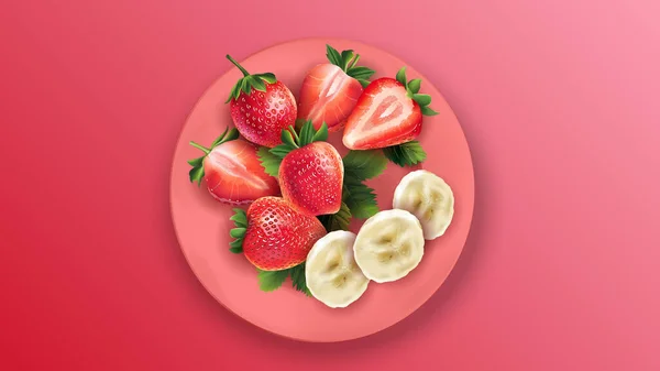 Fresas en rodajas y plátano en un plato rosa . — Vector de stock