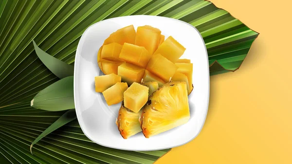 Sammansättning av ananas skivor och tärnad mango på en vit platta och blad. — Stock vektor