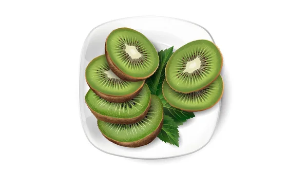 Tranches et feuilles de kiwi sur une assiette blanche. — Image vectorielle