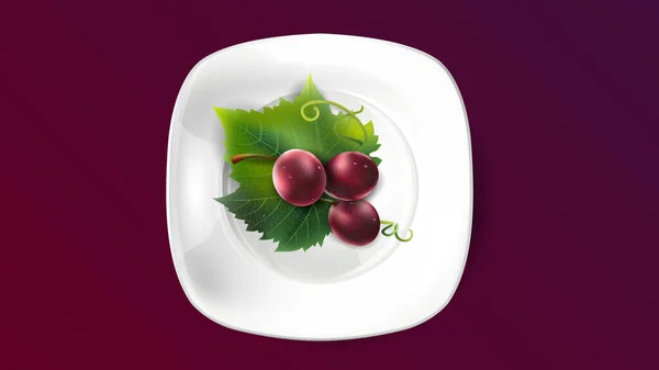 Beyaz bir tabakta üzüm yaprağında kırmızı üzümler. — Stok Vektör