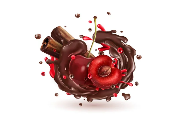 Bagas de cereja e paus de canela em um respingo de chocolate. — Vetor de Stock