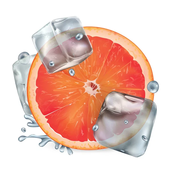 Half a grapefruit with ice cubes and water droplets — Stock Vector