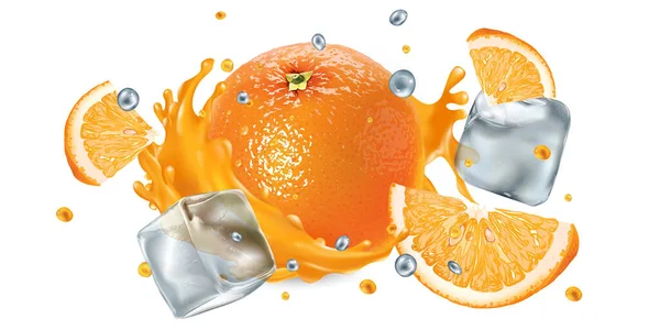 Verse sinaasappel in een scheut sap met ijsblokjes en vliegende druppels — Stockvector