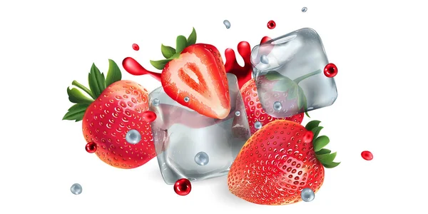 Fresh strawberries with ice cubes and water and juice splashes — Stock Vector