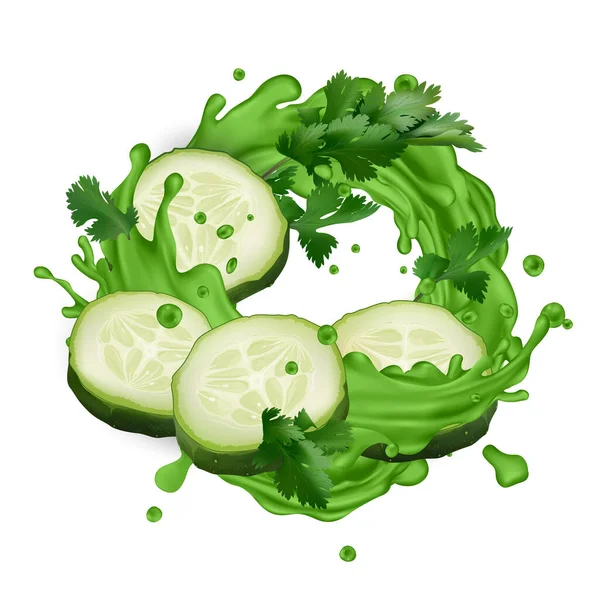 Groene sap splash met komkommer plakjes en selderij bladeren — Stockvector