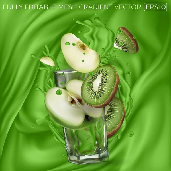 Kiwi e fatias de maçã, vidro transparente, salpicos de suco verde —  Vetores de Stock