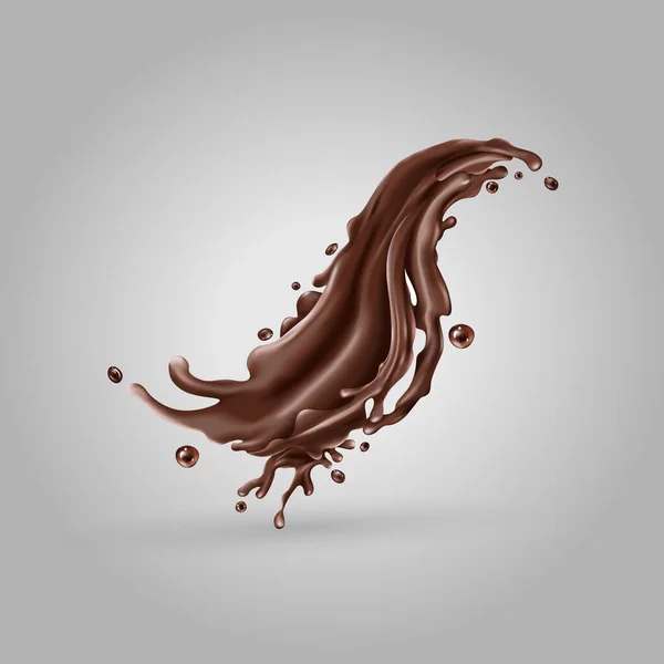 Salpicadura de chocolate líquido sobre un fondo gris — Vector de stock