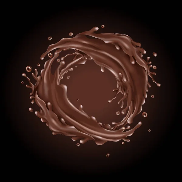 Chocolate líquido espirra círculo em um fundo escuro — Vetor de Stock