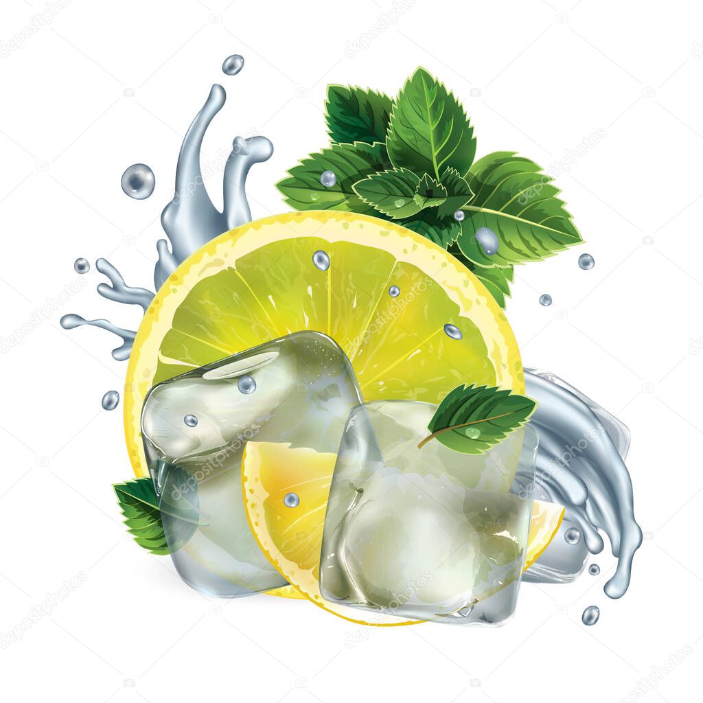 Lemon slices, mint leaves and water splash with ice cubes