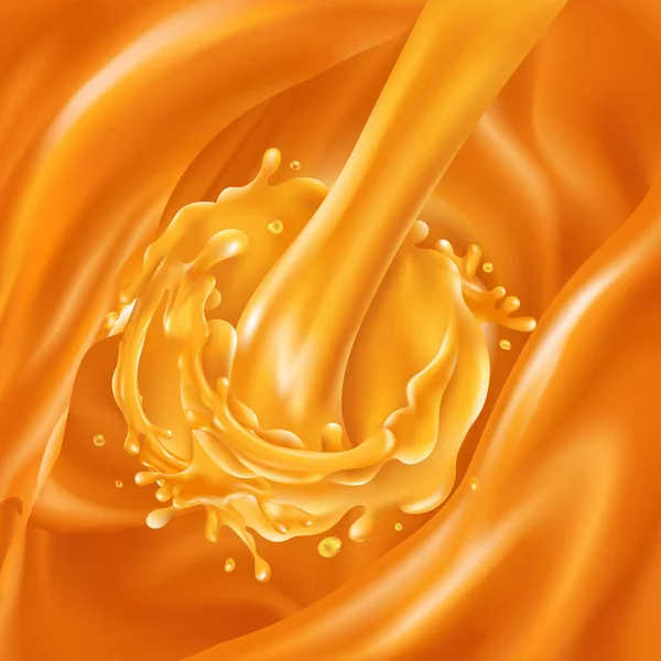 Aliran jus jeruk mengalir ke dalam gelombang cair oranye - Stok Vektor