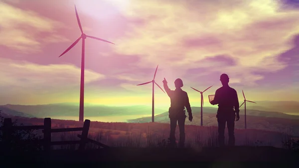 Silhouettes of engineers watching wind farms at sunset. — Stock Photo, Image