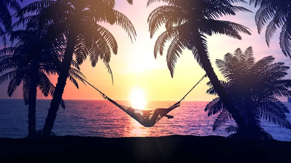 Female silhouette in a hammock on a background of dawn. — Stock Photo, Image