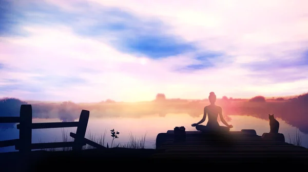 Meditación al amanecer en la naturaleza y el lago tranquilo . —  Fotos de Stock