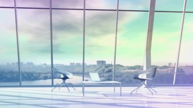 Şehir manzaralı büyük, parlak bir ofis..