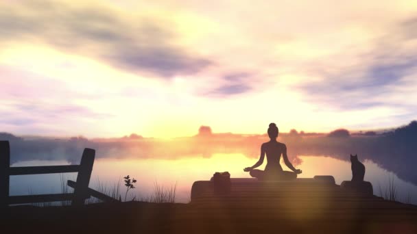 Meditación al amanecer en la naturaleza y el lago tranquilo . — Vídeos de Stock