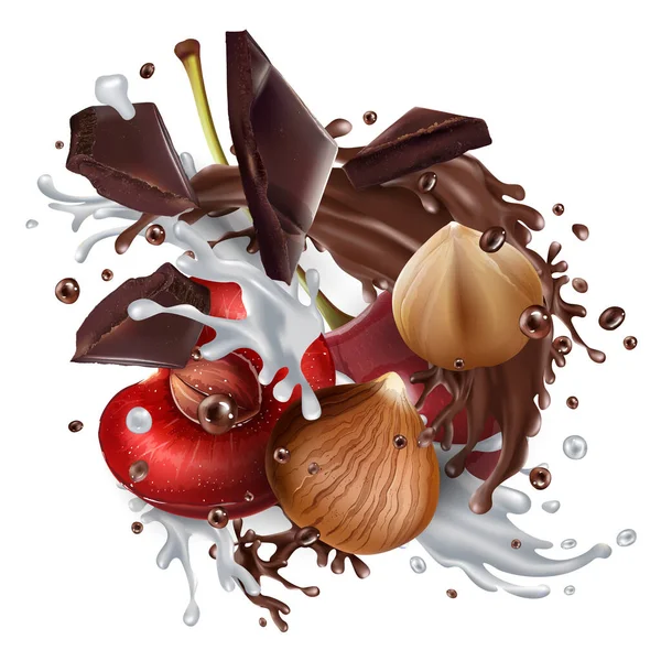 Avellanas y cerezas con chocolate y leche . — Vector de stock