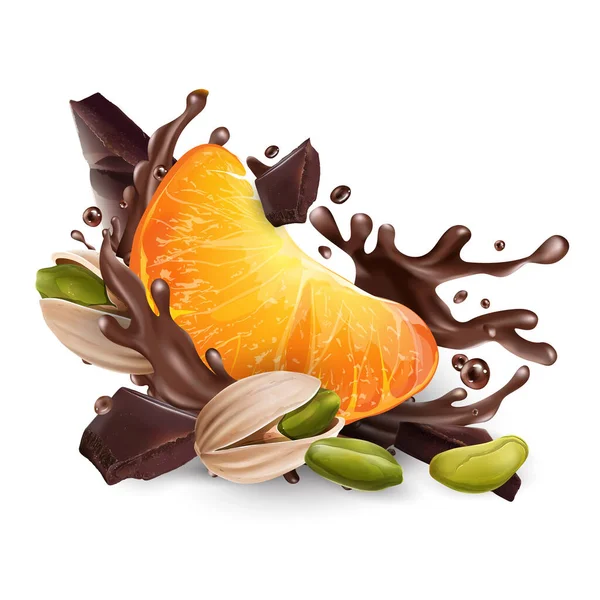 Tangerine et pistaches aux morceaux de chocolat et éclaboussures. — Image vectorielle