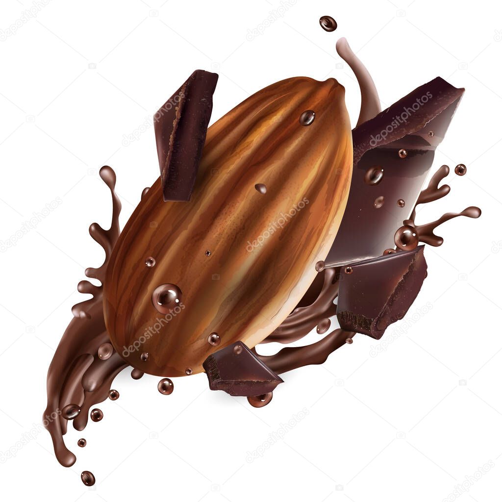 Almond nut with pieces and splashes of chocolate.