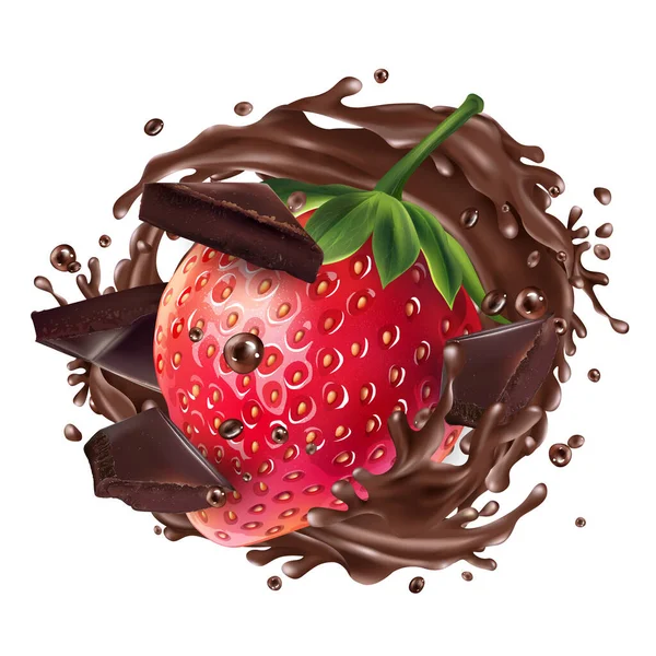 Erdbeere mit Schokoladenstücken und einem Spritzer Schokolade. — Stockvektor