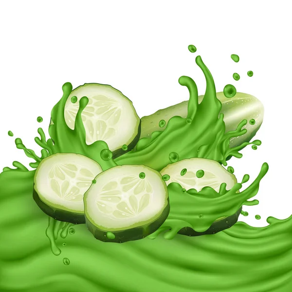 Skivad gurka och grön saftstänk — Stock vektor