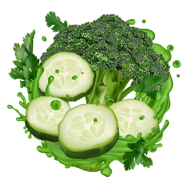 Green juice splash with broccoli and cucumber slices — Stock Vector