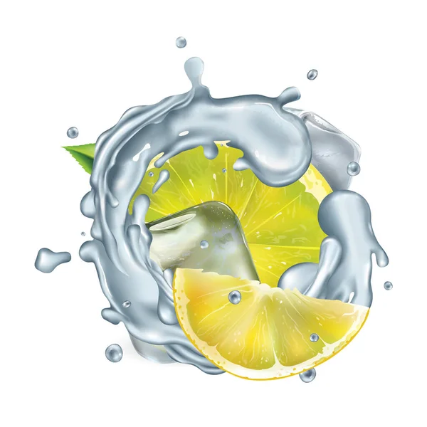 Tranches de citron frais dans l'eau éclaboussure avec des glaçons — Image vectorielle