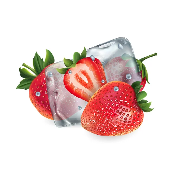 Świeże truskawki z kostkami lodu i kropelkami wody — Wektor stockowy