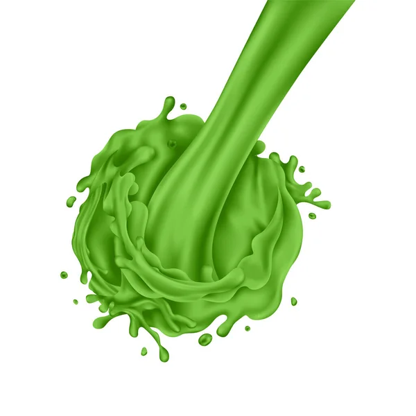 Flujo de verter jugo verde sobre un fondo blanco — Vector de stock