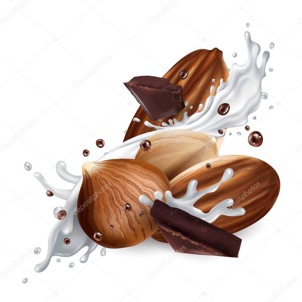 Almonds and hazelnuts with chocolate pieces and milk splashes.