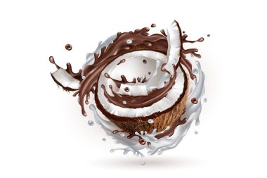 Sliced coconut in a milky and chocolate splash. clipart