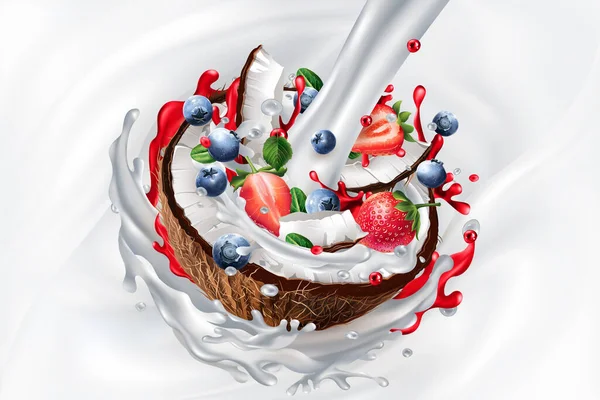 Flux de lait, noix de coco aux myrtilles et fraises en yaourt ou milkshake. — Image vectorielle