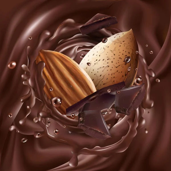 Amêndoas com pedaços de chocolate em chocolate líquido . —  Vetores de Stock