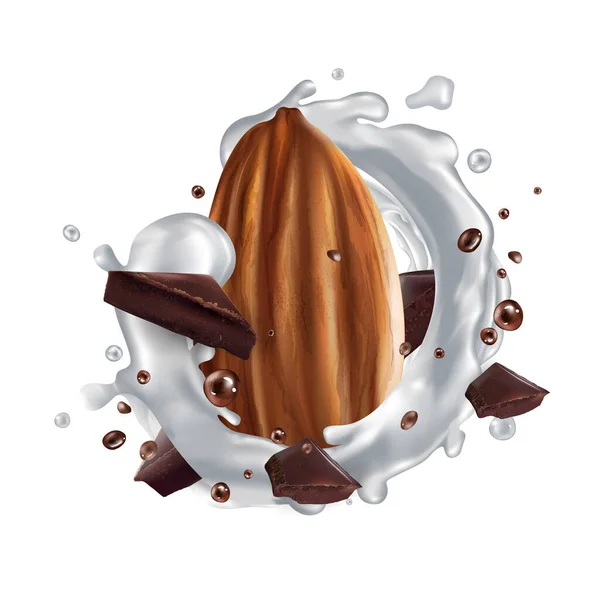 Αμύγδαλο με κομμάτια σοκολάτας και μια βουτιά γάλακτος. — Διανυσματικό Αρχείο