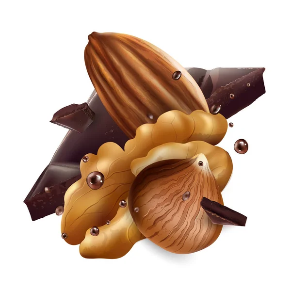 Hasselnötter, mandlar och valnötter med chokladbitar. — Stock vektor