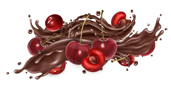 Splash de chocolate líquido e cerejas frescas . — Vetor de Stock