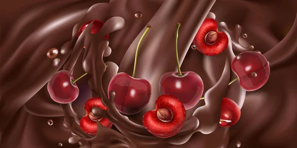 Cerezas enteras y en rodajas en chocolate líquido . — Archivo Imágenes Vectoriales