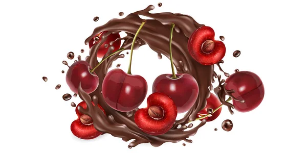 Celé a nakrájené třešně v čokoládové šplouchačce. — Stockový vektor