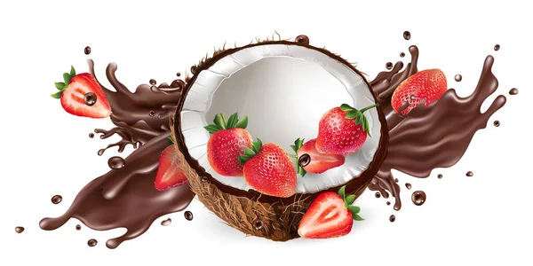 Salpicadura de chocolate líquido y coco fresco con fresas . — Vector de stock