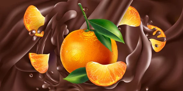 Mandarinas enteras y cortadas en rodajas en chocolate líquido . — Vector de stock
