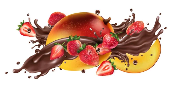 Splash of liquid chocolate and fresh mango with strawberries. — Stock Vector