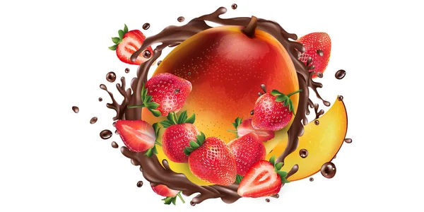 Mango fresco con fresas en un chapoteo de chocolate . — Vector de stock